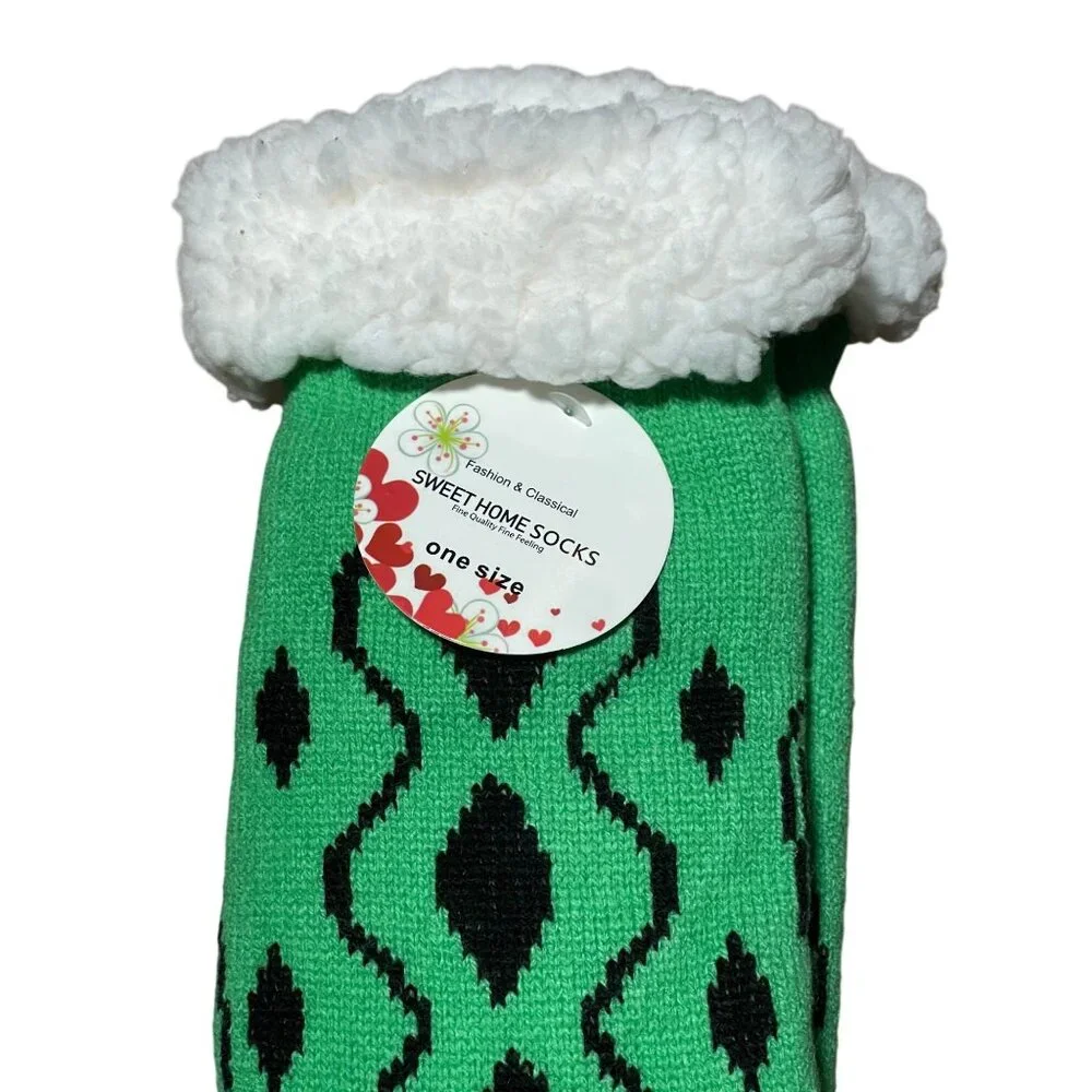 Green Fuzzy Lined Alligator Knit Slipper Socks One Size